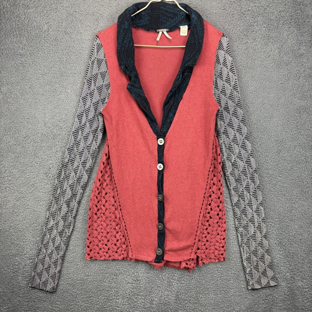 Gimmicks by BKE Womens Medium Red Mixed Media Crochet Geometric Cardigan Sweater